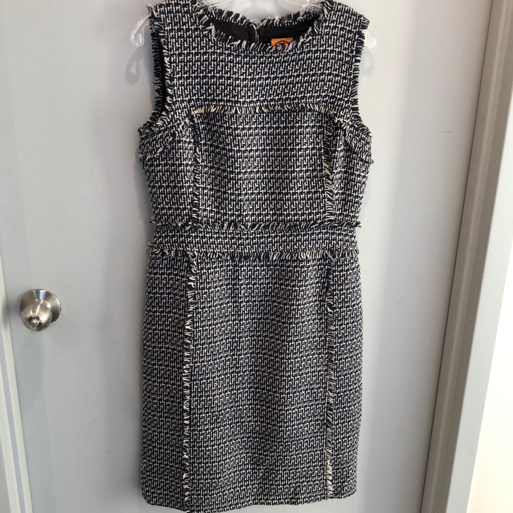 Tory Burch Navy blue and white tweed Sheath Dress Sleeveless Crew Neck Midi